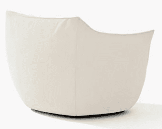 A contemporary lounge chair with a rounded, inviting silhouette, fully upholstered in a light-colored fabric. The design features a high, curved backrest that flows into integrated armrests, and it rests on a low-profile base, likely a swivel mechanism, providing a sculptural and comfortable seating option. — 3D model