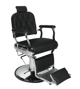 A black barber chair with tufted upholstery, adjustable headrest, chrome accents, armrests, and a footrest. The chair is mounted on a circular base with a hydraulic lift mechanism. — 3D model