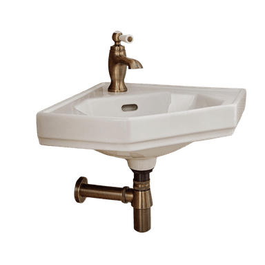 A white ceramic corner sink with a vintage-style brass faucet and drain pipe. The sink features a rectangular basin with rounded corners and a small overflow drain. The faucet has a single lever handle with a white ceramic insert. The drain assembly is also made of brass. — 3D model