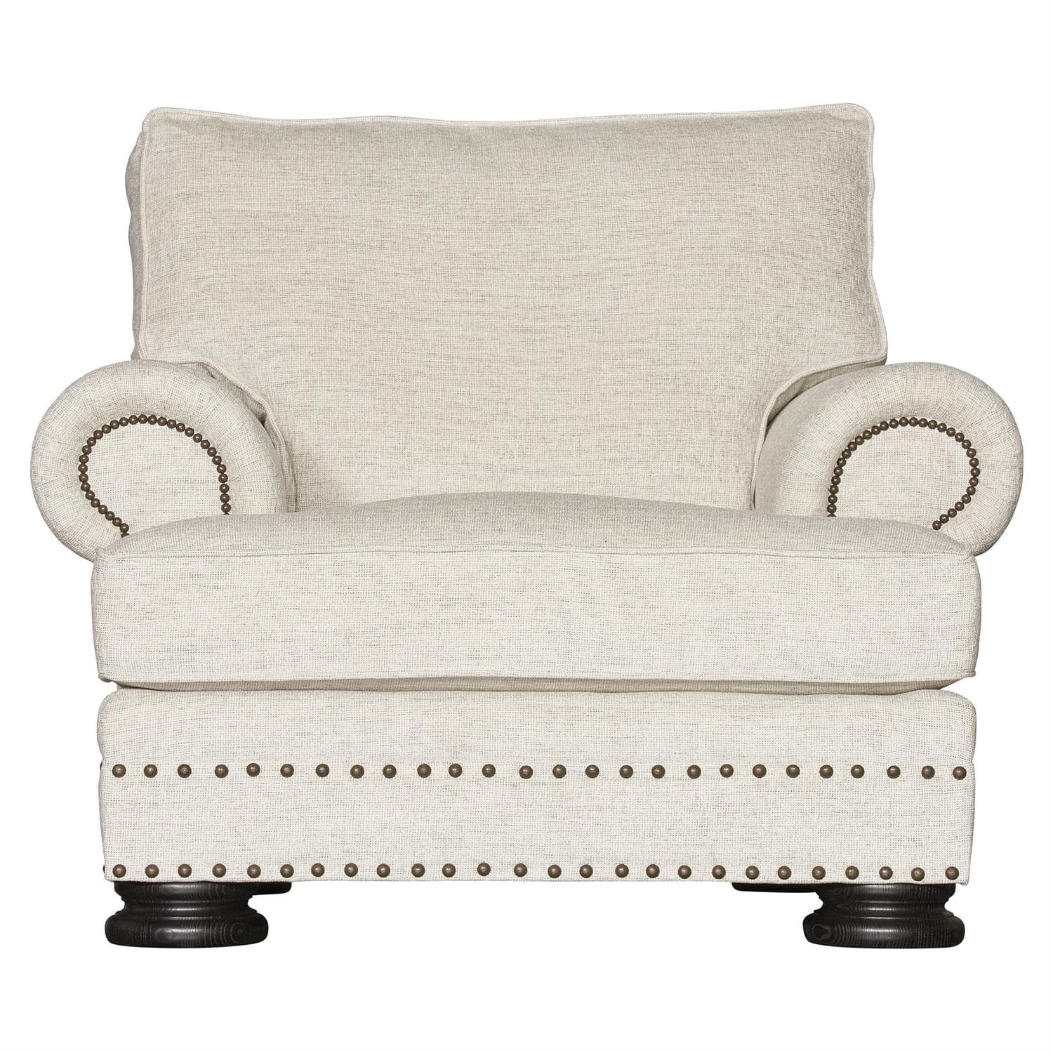 A single armchair upholstered in a textured light-colored fabric. It features rolled arms adorned with decorative nailhead trim, a plush seat cushion, and a supportive back cushion. The base of the chair is also upholstered and features a double row of nailhead trim, supported by four dark wooden bun feet. — 3D model