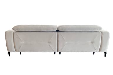 A modern, light-colored sofa with two attached seat cushions and a sleek, low-profile design. The sofa features a button-tufted pattern on the seat base, creating a geometric segmented appearance. It is elevated by thin, dark-colored legs, giving it a floating effect. The backrest is a continuous, softly padded surface. — 3D model