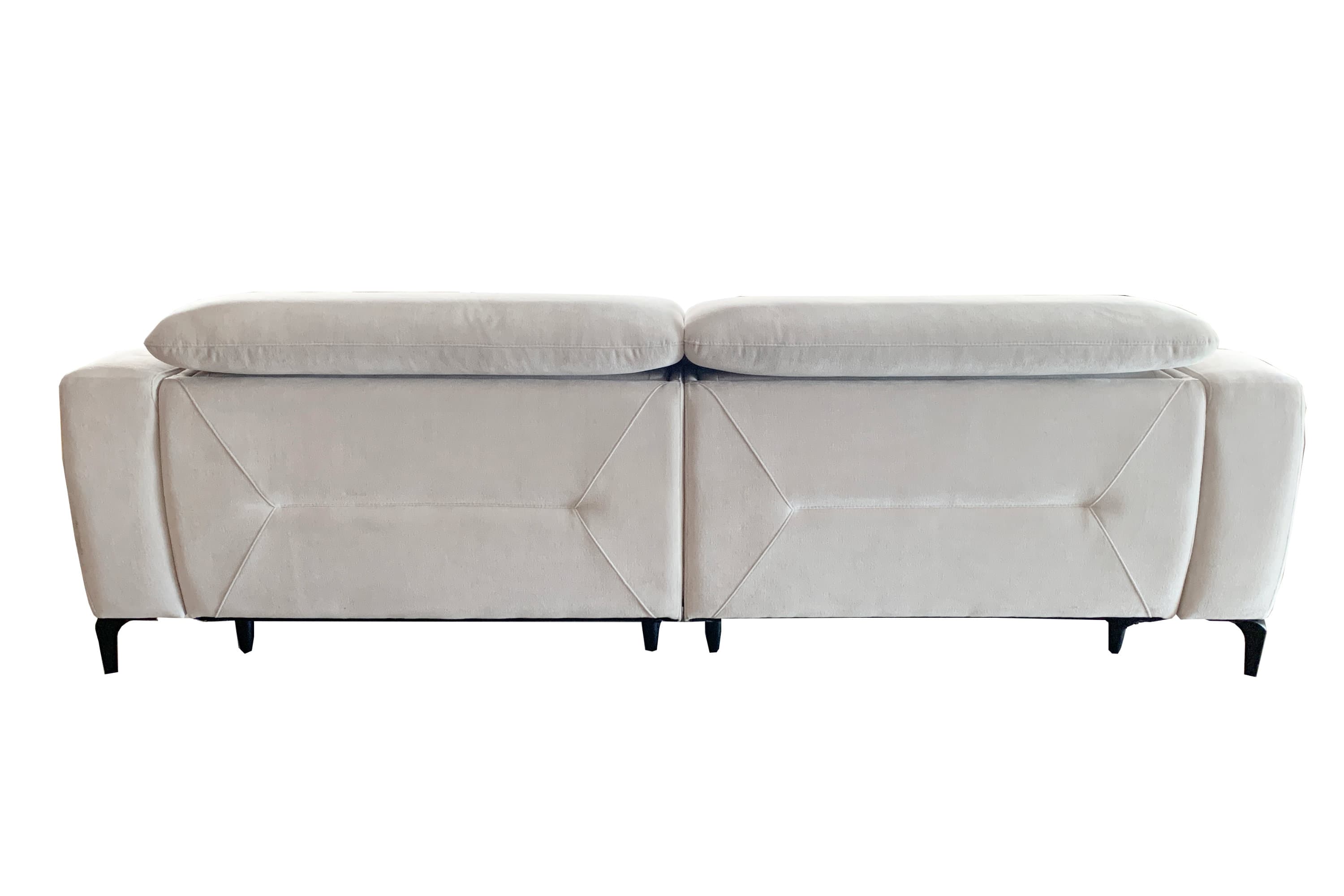 A modern, light-colored sofa with two attached seat cushions and a sleek, low-profile design. The sofa features a button-tufted pattern on the seat base, creating a geometric segmented appearance. It is elevated by thin, dark-colored legs, giving it a floating effect. The backrest is a continuous, softly padded surface. — 3D model
