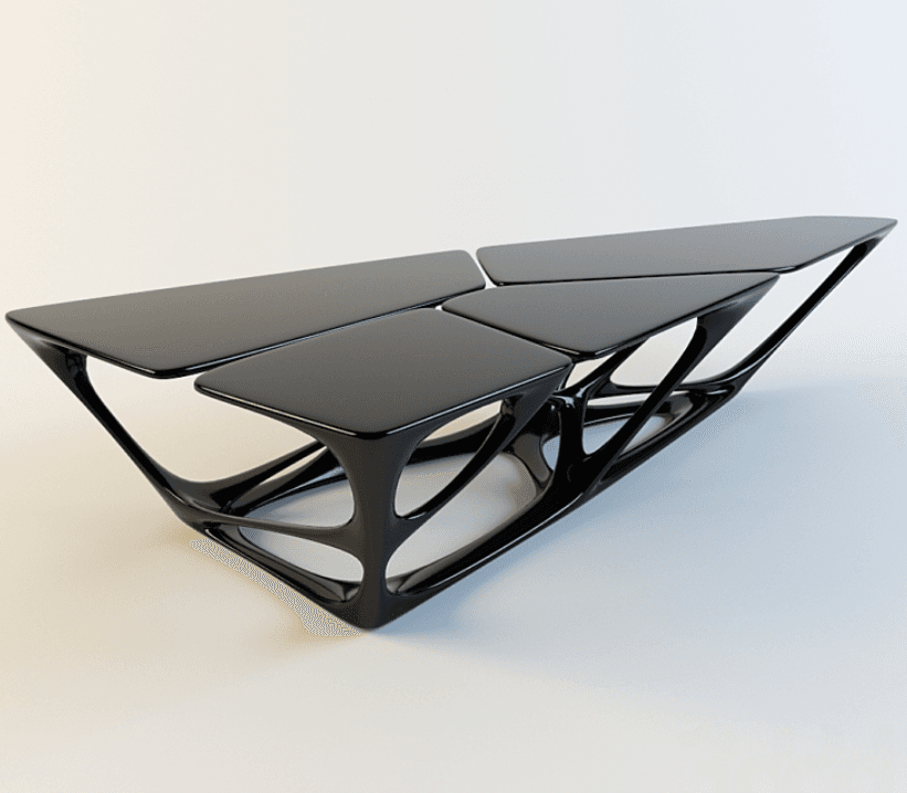 A contemporary, sculptural coffee table featuring a high-gloss black finish and an intricate, organic base structure that supports multiple integrated table surfaces. — 3D model