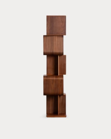 A tall, free-standing bookshelf with a unique, sculptural design. It features curved, open shelving units arranged in an alternating, offset pattern, supported by vertical wooden elements. The overall form is sinuous and modern. — 3D model