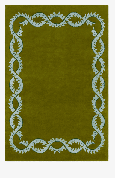 A rectangular decorative panel covered in an olive green fabric, featuring a light blue-green embroidered or woven border pattern around its perimeter. The border design depicts a continuous, intertwined vine or leafy motif. — 3D model