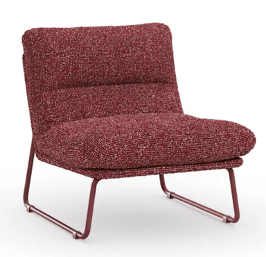 An armless contemporary lounge chair featuring a low-profile design and a robust tubular metal frame. The chair is upholstered in a textured, flecked fabric predominantly in a deep red or burgundy hue with lighter accents, giving it a tweed-like appearance. The seat and backrest are generously cushioned, with the backrest showing a horizontal channel tuft. The minimalist frame is finished in a matching dark red or plum color, forming a continuous loop for both stability and aesthetic appeal. — 3D model