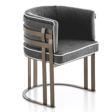A modern accent chair with a curved backrest and a metal frame. The seat and back are upholstered in a textured grey fabric with white piping. The frame consists of two curved legs and vertical supports that intertwine at the back. The metal has a brushed bronze or antique brass finish. — 3D model