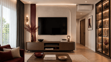 A long, low, contemporary media console featuring a dark wood finish and distinctly rounded ends, supported by slender black metal legs. The center section includes open shelving suitable for media devices and books, while the overall design exudes a sleek, minimalist aesthetic. — 3D model