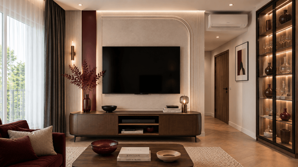 A long, low, contemporary media console featuring a dark wood finish and distinctly rounded ends, supported by slender black metal legs. The center section includes open shelving suitable for media devices and books, while the overall design exudes a sleek, minimalist aesthetic. — 3D model