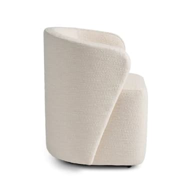 A contemporary barrel-shaped armchair, fully upholstered in a textured off-white boucle fabric, featuring a continuous curved backrest that seamlessly integrates with the armrests. The base is also upholstered. — 3D model