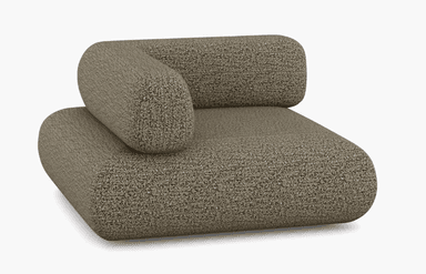 A single modular seating unit, characterized by a plush, textured off-white (cream) boucle fabric. It features a rounded left armrest and a corresponding backrest, indicating it is designed to be part of a larger sectional sofa configuration. The design is contemporary with soft, organic lines and a low profile. — 3D model