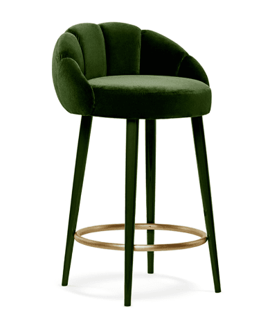 A high bar stool with a curved, scalloped backrest and a round seat. It features four tapered legs connected by a circular footrest ring. The upholstery is a plush velvet fabric. — 3D model