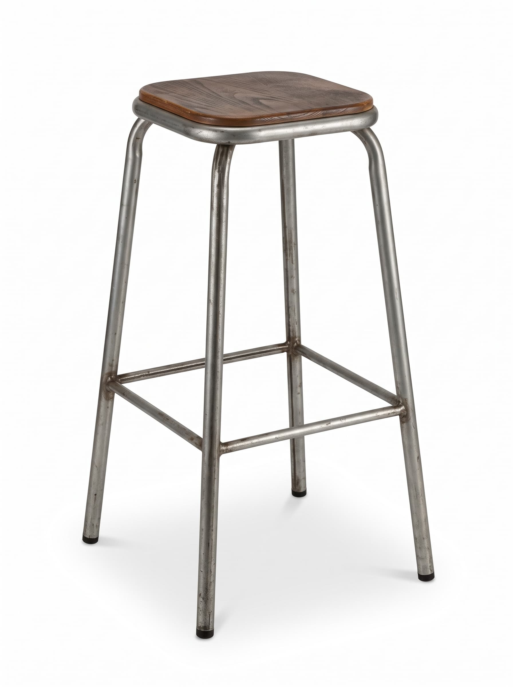 A tall bar stool featuring a square wooden seat and a tubular metal frame with an integrated footrest. — 3D model