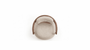 A contemporary lounge chair featuring a plush, rounded, upholstered seat and backrest, supported by an exposed wooden armrest frame and a unique metal rod and strap suspension system for the backrest. The design emphasizes organic forms and a sophisticated interplay of materials. — 3D model