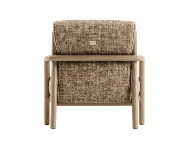 A modern upholstered lounge chair featuring a sturdy exposed frame made of light-toned wood, likely oak or ash. The chair is upholstered in a highly textured, multi-tonal fabric, predominantly in shades of brown and beige, giving it a tactile and cozy appearance. It has a boxy yet comfortable silhouette with generously padded seat and back cushions, and integrated armrests with rounded edges. — 3D model