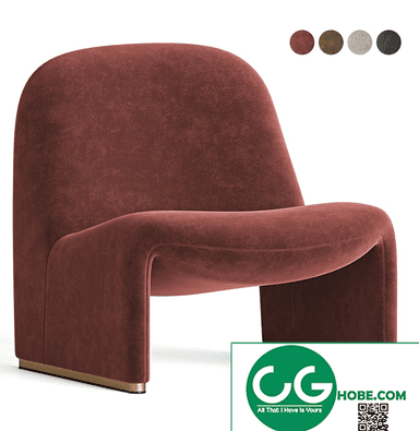 A modern armless lounge chair upholstered in a rich, reddish-brown velvet fabric. The chair features a continuous, sculptural form with soft, rounded edges and a low profile. Its base is accented with a slim, polished brass trim. — 3D model