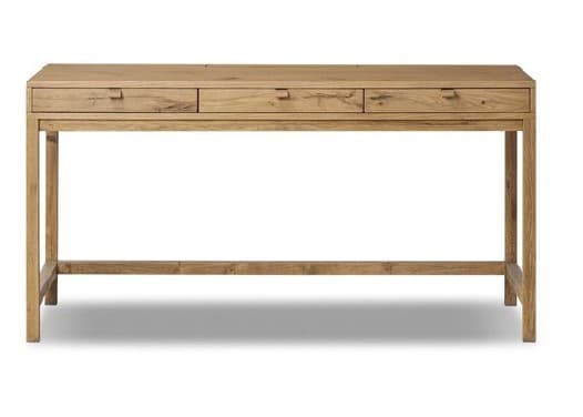 A minimalist wooden desk with a rectangular top and three drawers integrated into the front apron. The desk has a simple frame structure with four straight legs connected by a lower stretcher bar. The drawers feature small, discreet pulls that appear to be made of the same wood. — 3D model