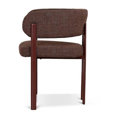 An armless contemporary chair featuring a textured brown fabric upholstery on both its seat and backrest. The chair is supported by a slender, dark brown tubular metal frame that forms the legs and provides structural support. A distinctive design element includes two prominent, vertical, cylindrical metal bars positioned centrally on the back, appearing to extend from the seat level upwards to frame the backrest. — 3D model