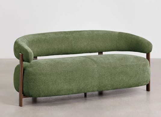 A modern, curved sofa with a fabric upholstery and a wooden frame. The sofa features a low profile and rounded edges, with the backrest curving around to form partial armrests. The frame is visible on the sides and back, supporting the upholstered seat and back. — 3D model
