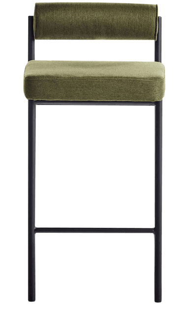 A contemporary bar stool featuring a metal frame and upholstered seat and backrest. The frame consists of four slender legs connected by crossbars for stability. The seat is a padded rectangular cushion, and the backrest is a curved, padded element supported by the frame. The upholstery has a textured finish. — 3D model