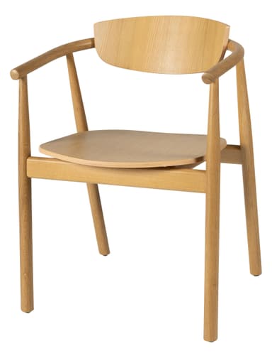 A wooden armchair with a curved backrest and seat. The frame and legs are made of light-colored wood with a visible grain. The armrests curve upwards and outwards. — 3D model