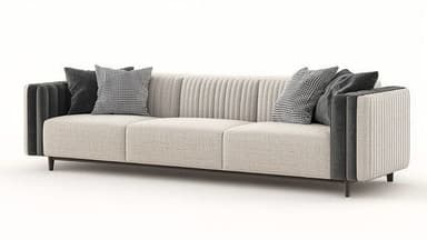 A long, contemporary three-seater sofa featuring channel-tufted armrests and back panels in a dark contrasting fabric, combined with lighter textured fabric for the seat cushions and central backrest. It sits on discreet, dark-colored legs. — 3D model