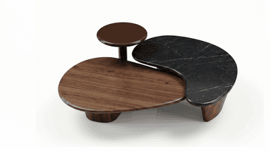 A three-piece organic modern coffee table set featuring a combination of rich walnut wood and dark marble tops, with fluid, sculptural bases. — 3D model