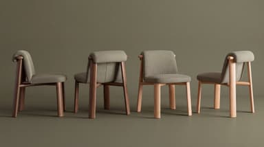 An armless dining chair featuring an upholstered seat and backrest, supported by a sturdy wooden frame. The backrest has a distinctive curved wooden element that connects to the rear legs, creating a unique profile. The legs are robust and cylindrical. — 3D model
