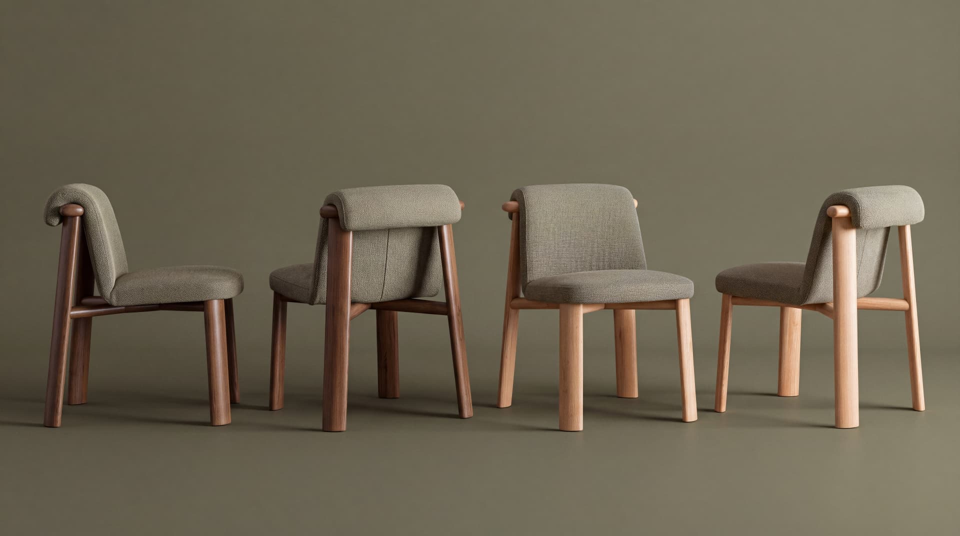 An armless dining chair featuring an upholstered seat and backrest, supported by a sturdy wooden frame. The backrest has a distinctive curved wooden element that connects to the rear legs, creating a unique profile. The legs are robust and cylindrical. — 3D model
