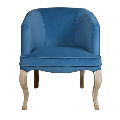 A blue upholstered armchair with curved, carved wooden legs. The armchair features a rounded back that extends into low arms, and a cushioned seat. The upholstery appears to be a soft fabric, possibly velvet or a similar material. The wooden legs have a cabriole style. The item is presented against a solid black background. — 3D model