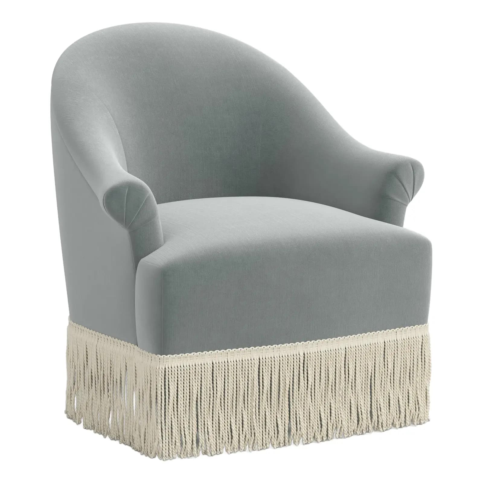 A upholstered armchair with a rounded back and arms, featuring a fringe trim along the bottom edge of the base. The armchair is covered in a soft, light gray fabric. — 3D model