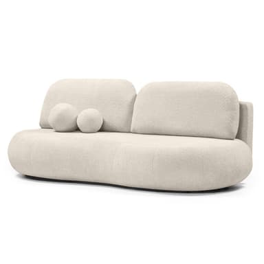 A modern, low-profile sofa with a rounded, organic form. The sofa is upholstered in a textured, boucle-like fabric. It features a continuous seat cushion that curves upwards at the sides, and two separate back cushions. Two spherical decorative pillows are placed on the left side of the sofa. — 3D model