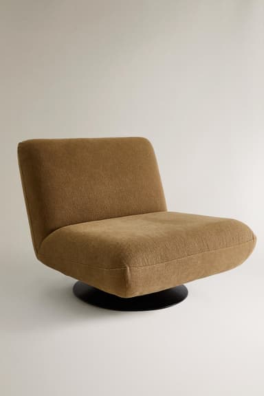 A modern armless swivel lounge chair upholstered in a brown woven fabric, featuring a low profile and a circular black base. — 3D model