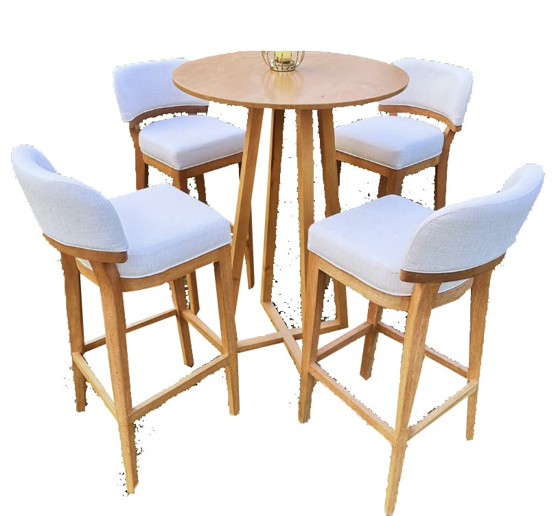 A modern bar height dining set featuring a round wooden table and four matching upholstered bar stools. The table has a light-toned wood finish and a distinctive criss-cross base. The bar stools have wooden frames with integrated footrests, and their seats and backs are upholstered in a light, off-white fabric with visible piping. — 3D model