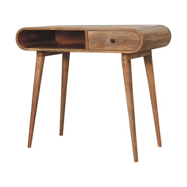 A narrow console table with a curved front edge and tapered legs. It appears to have a single drawer integrated into the top surface, indicated by a slight recess or handle. The design suggests a mid-century modern aesthetic. — 3D model