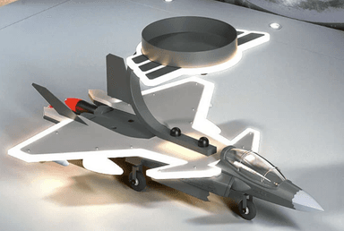 A ceiling-mounted light fixture featuring a detailed model of a fighter jet, surrounded by illuminated contours that suggest a flight path or abstract wings. The primary color of the jet is grey, with white and red accents. The light emitted is a warm white. — 3D model