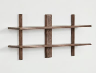 A wall-mounted bookshelf with two tiers of shelving. The unit features a central vertical support and two side vertical supports, with each shelf attached by visible screws. The overall design is minimalist and modern. — 3D model