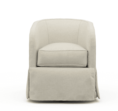 A cream-colored armchair with a rounded back and arms. The armchair features a plush seat cushion and a skirted base that drapes to the floor. The upholstery appears to be a textured fabric. — 3D model