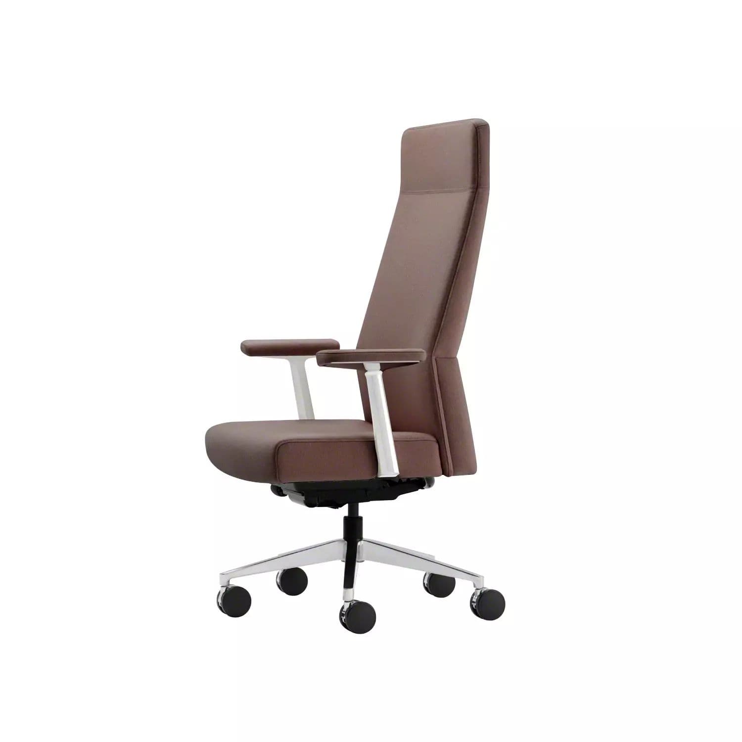 A modern executive office chair featuring a high back and seat upholstered in brown material, likely leather or a high-quality leatherette. It has fixed armrests with brown pads and white/silver supports. The chair sits on a polished five-star base equipped with black casters for mobility. — 3D model