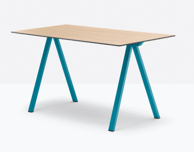 A contemporary rectangular table featuring a light wood-toned top and vibrant teal A-frame metal legs, set against a plain white background. The table has a clean, minimalist design. — 3D model