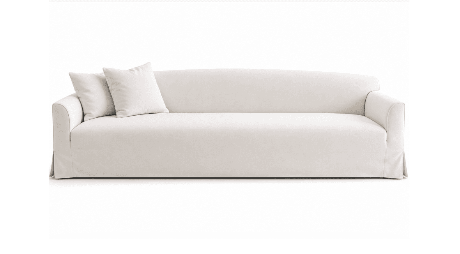 A pristine white slipcovered three-seater sofa with a pleated skirt base and two loose back cushions, accompanied by two matching throw pillows. — 3D model