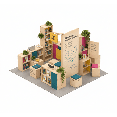 A comprehensive modular display system constructed from light-colored birch plywood panels. The system is designed to create an interactive environment, likely for a library or educational exhibit, featuring multiple shelving units for books and display items. It incorporates various configurations, including open shelves, partially enclosed cubbies with colored back panels (teal, pink, yellow), integrated seating cubes with upholstered tops, and tall display panels with graphics and text. Potted plants are strategically placed throughout the setup, adding natural elements. The entire system rests on a grey carpeted base, suggesting an exhibition or temporary installation. — 3D model