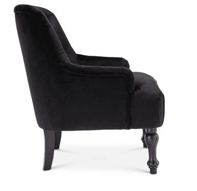A black velvet tufted armchair featuring rolled arms and turned wooden legs, presented against a white background. The chair's backrest is deeply button-tufted, providing a classic, elegant appearance. The upholstery is a soft, plush velvet material, and the front legs are decoratively turned, contrasting with the simpler, straight rear legs. — 3D model
