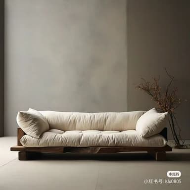 A modern rustic wood platform sofa featuring a low-profile, solid dark wood frame with a distressed finish and cream-colored upholstered cushions. — 3D model