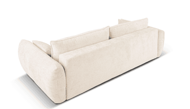 A contemporary two-seater sofa with a plush, textured upholstery. It features rounded, sculptural armrests and a low profile. The sofa is accompanied by three loose back cushions and two smaller accent pillows, all matching the main upholstery fabric. — 3D model
