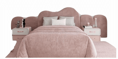 A pink upholstered bed with a scalloped headboard and matching bedside tables. The bed includes a duvet and pillows. The bedside tables have two drawers each and feature a combination of white, pink, and possibly leather accents for the handles. — 3D model