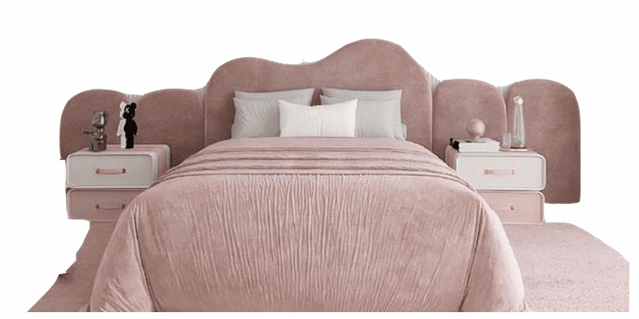 A pink upholstered bed with a scalloped headboard and matching bedside tables. The bed includes a duvet and pillows. The bedside tables have two drawers each and feature a combination of white, pink, and possibly leather accents for the handles. — 3D model