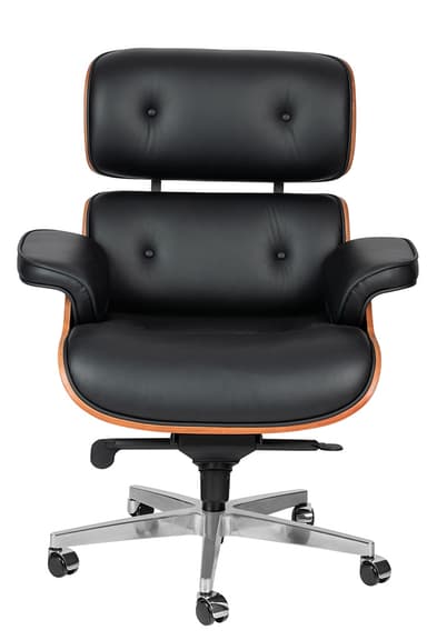 A high-back office chair featuring a tufted black leather seat, backrest, and armrests. The chair has a distinctive curved wooden shell visible on the sides and beneath the seat. It is supported by a five-star base with casters and a central pneumatic lift mechanism, indicating adjustability in height. — 3D model