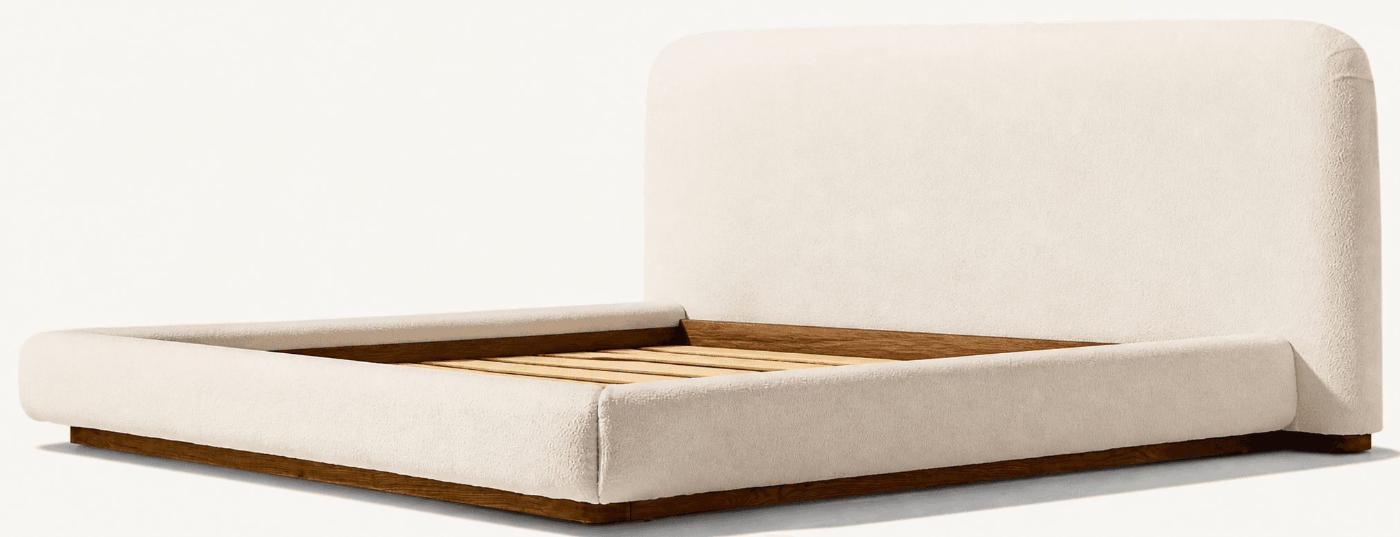 A modern upholstered bed frame with a solid wood base. The frame features a low-profile design with rounded edges and a curved headboard. The upholstery appears to be a textured fabric. The base of the bed is constructed from dark wood, providing a contrast to the lighter upholstery. The slatted bed base is visible within the frame, designed to support a mattress. — 3D model