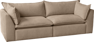 A contemporary two-seater sofa upholstered in a light beige or greige textured fabric. It features a clean, low-profile base, broad track arms, and plush, overstuffed seat and back cushions. The design emphasizes comfort and a relaxed modern aesthetic. — 3D model